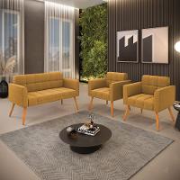 Namoradeira E 2 Poltronas Pé Palito Castanho Elisa Bouclê Mostarda D03 - D'rossi - 7