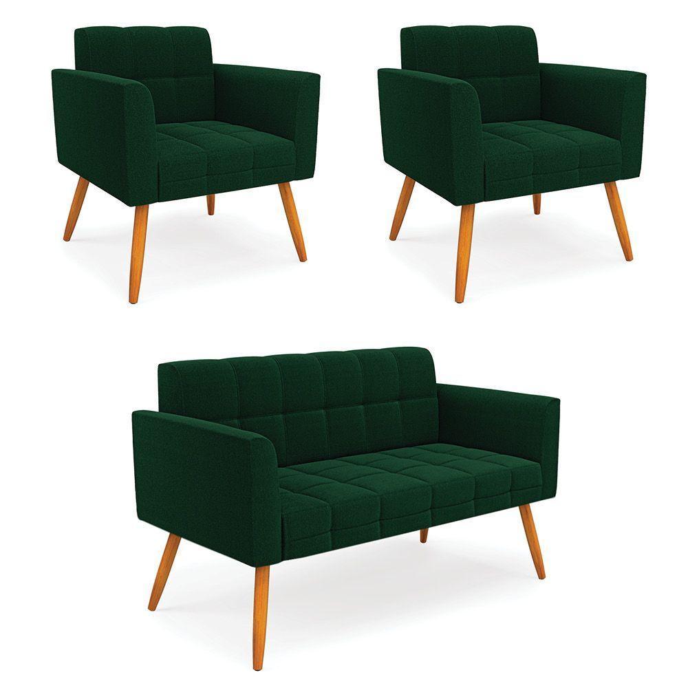 Namoradeira E 2 Poltronas Pé Palito Castanho Elisa Bouclê Verde D03 - D'rossi - 1