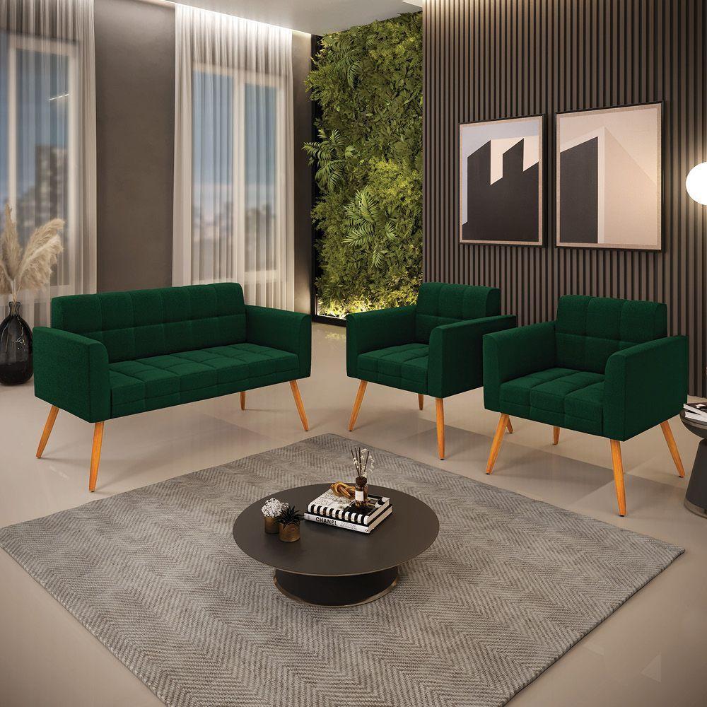 Namoradeira E 2 Poltronas Pé Palito Castanho Elisa Bouclê Verde D03 - D'rossi - 7