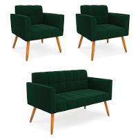 Namoradeira E 2 Poltronas Pé Palito Castanho Elisa Bouclê Verde D03 - D'rossi - 1