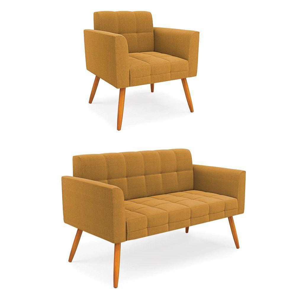 Namoradeira E Poltrona Pé Palito Castanho Elisa Bouclê Mostarda D03 - D'rossi - 1