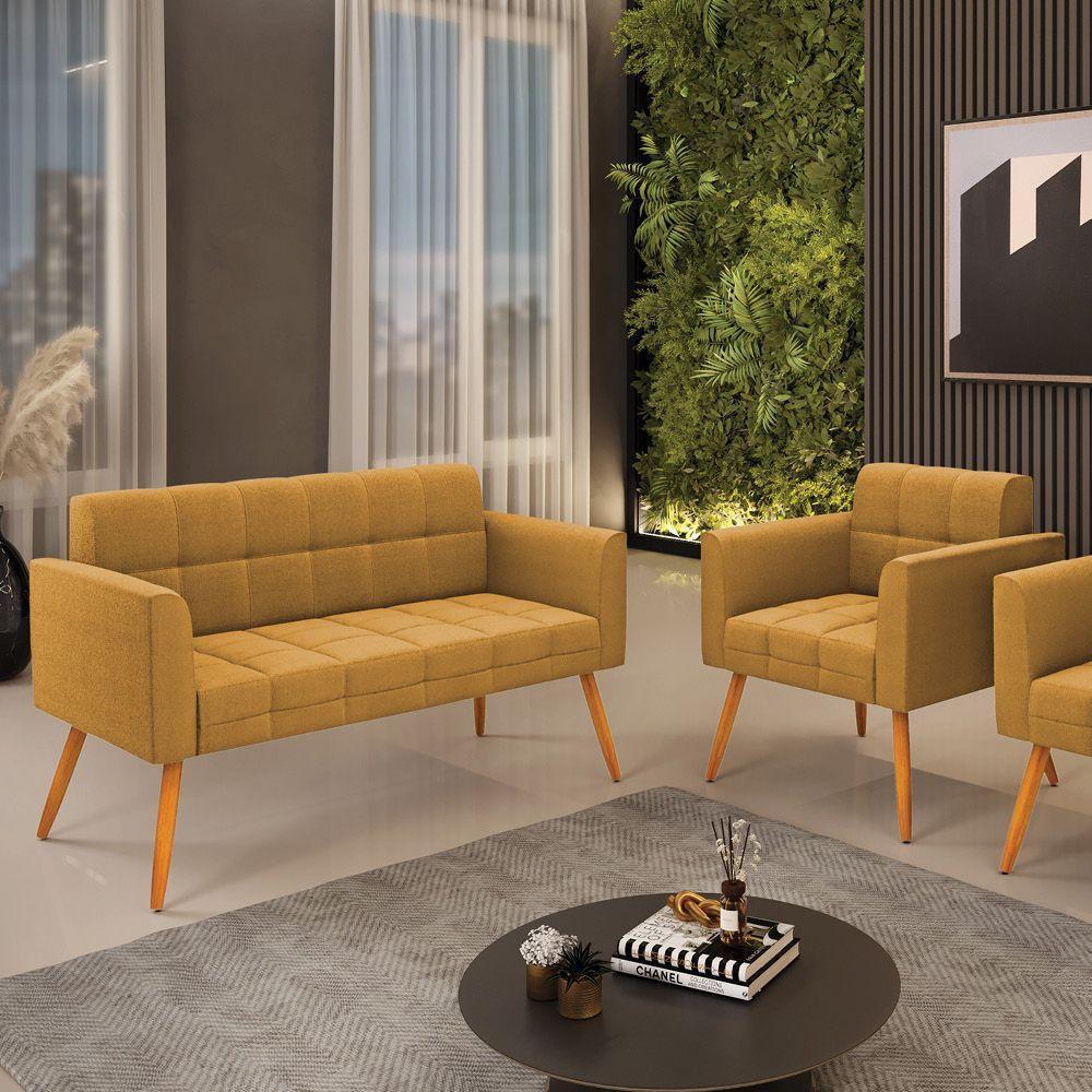 Namoradeira E Poltrona Pé Palito Castanho Elisa Bouclê Mostarda D03 - D'rossi - 6