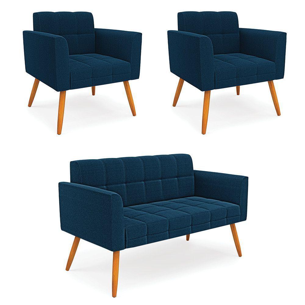 Namoradeira E 2 Poltronas Pé Palito Castanho Elisa Bouclê D03 - D'rossi Cor Azul - 1