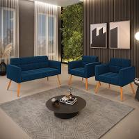 Namoradeira E 2 Poltronas Pé Palito Castanho Elisa Bouclê D03 - D'rossi Cor Azul - 7