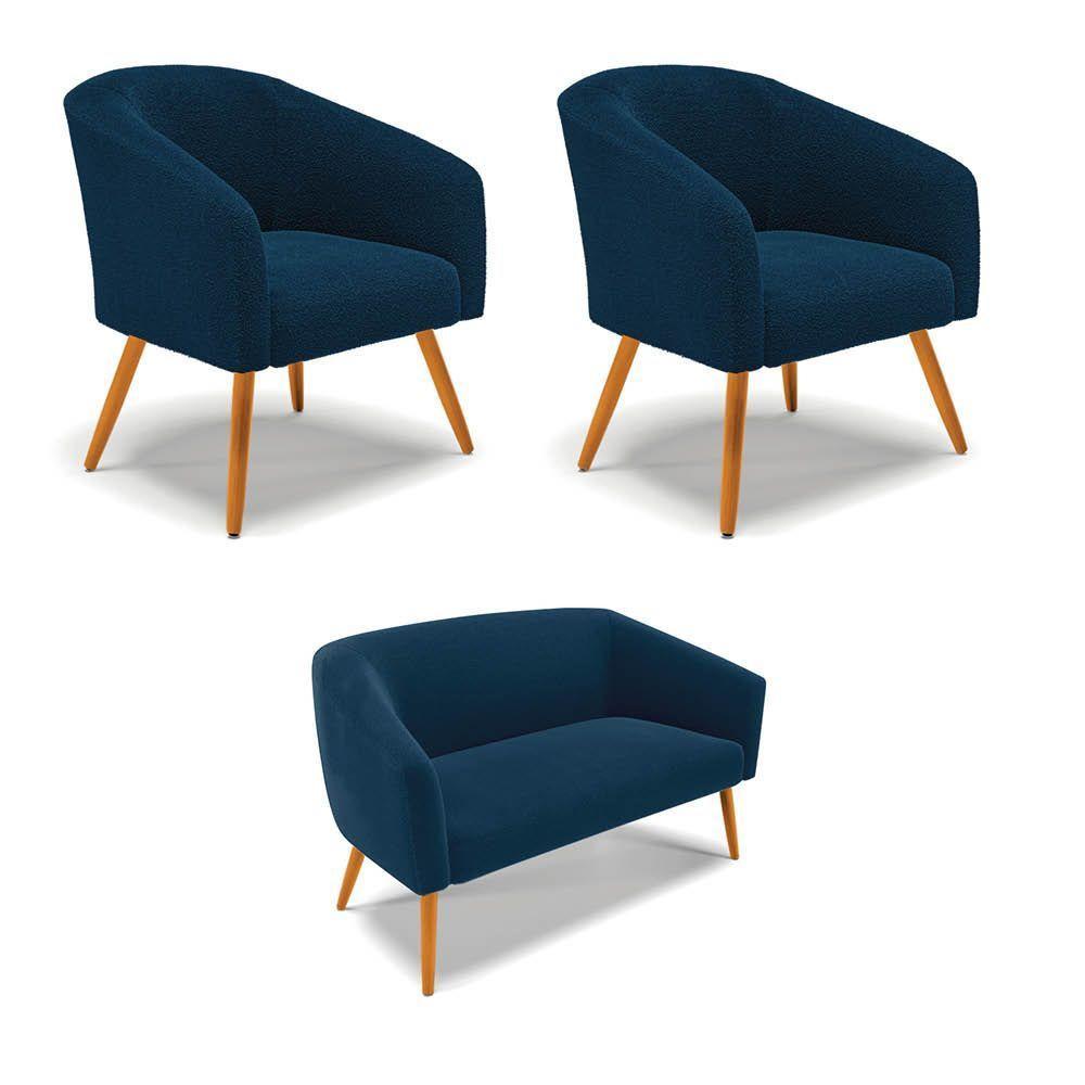 Namoradeira E 2 Poltronas Pé Palito Castanho Stella Bouclê Azul D03 - D'rossi - 1