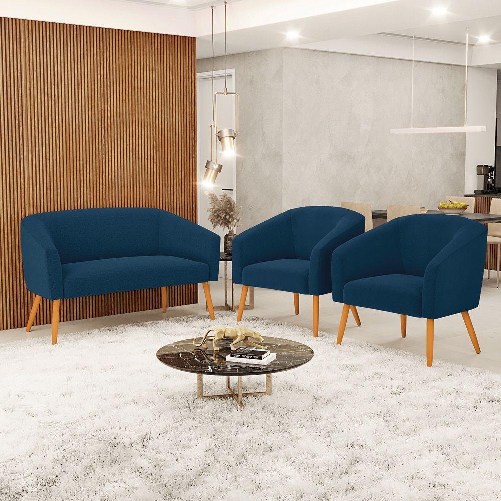 Namoradeira E 2 Poltronas Pé Palito Castanho Stella Bouclê Azul D03 - D'rossi - 7