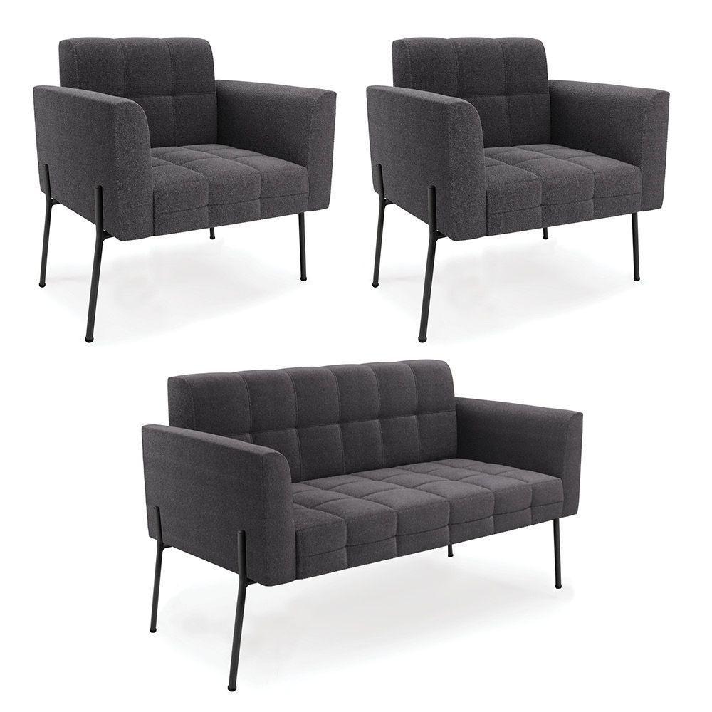 Namoradeira E 2 Poltronas Pé De Ferro Pto Elisa Bouclê Grafite D03 - D'rossi - 1