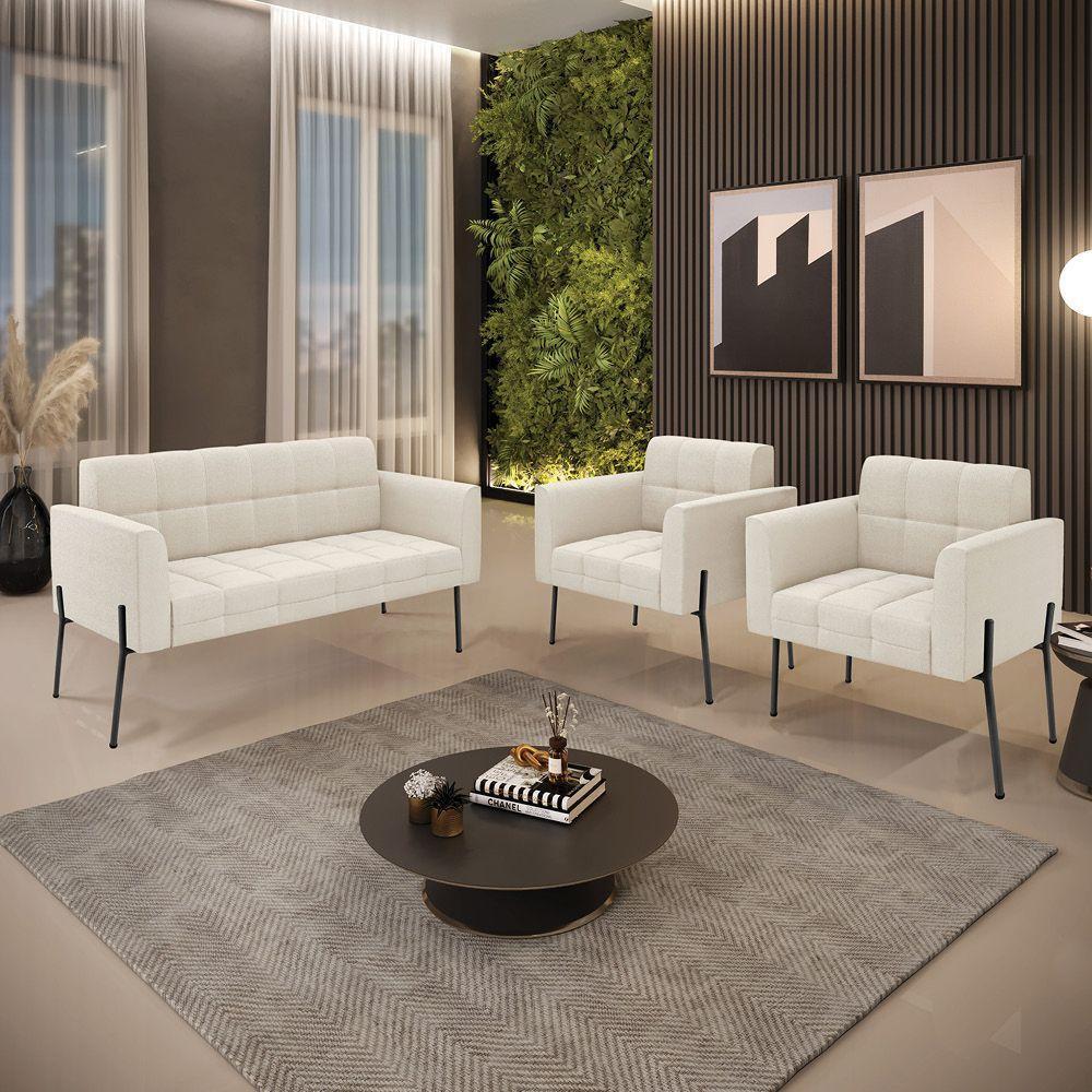 Namoradeira E 2 Poltronas Pé De Ferro Pto Elisa Bouclê D03 - D'rossi Cor Off White - 1