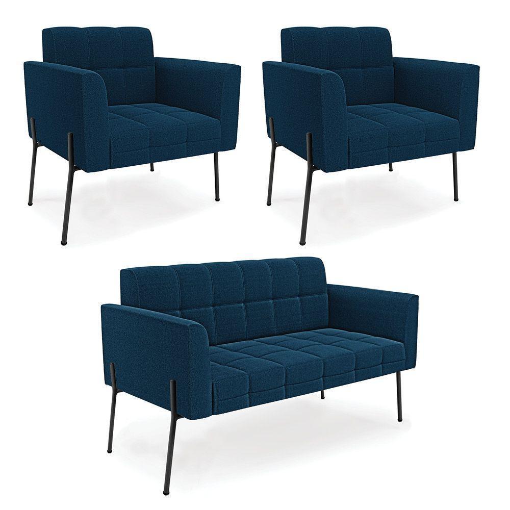 Namoradeira E 2 Poltronas Pé De Ferro Pto Elisa Bouclê D03 - D'rossi Cor Azul - 1