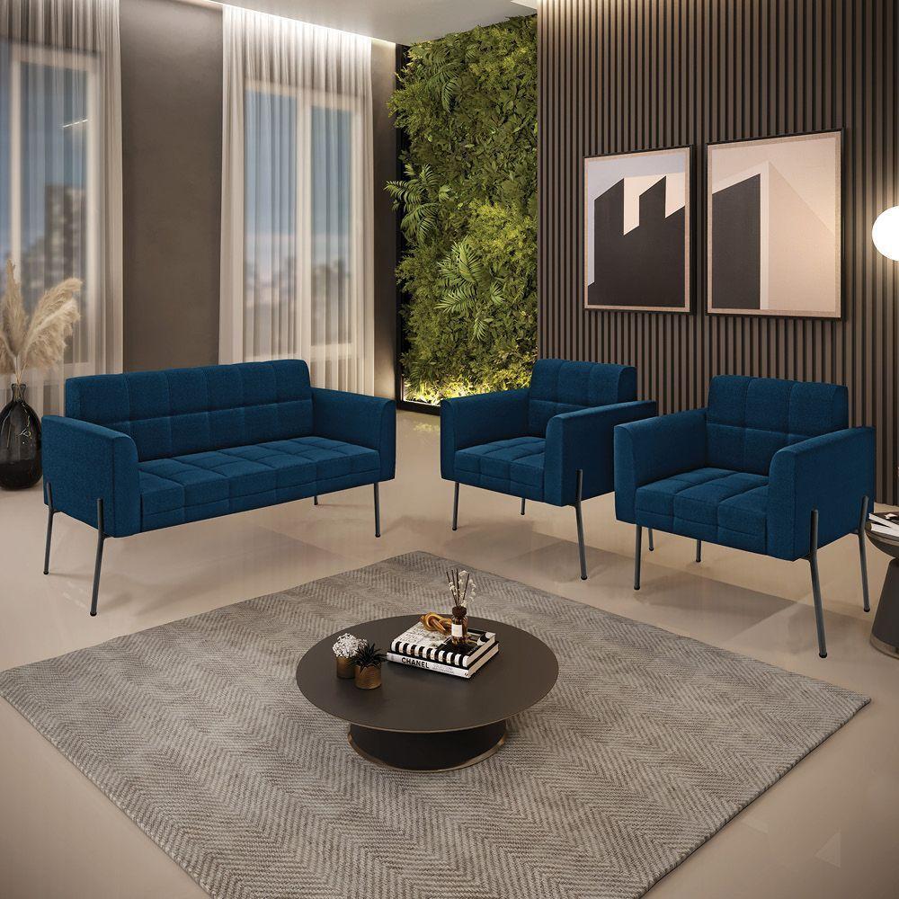 Namoradeira E 2 Poltronas Pé De Ferro Pto Elisa Bouclê D03 - D'rossi Cor Azul - 8