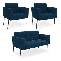 Namoradeira E 2 Poltronas Pé De Ferro Pto Elisa Bouclê D03 - D'rossi Cor Azul - 1