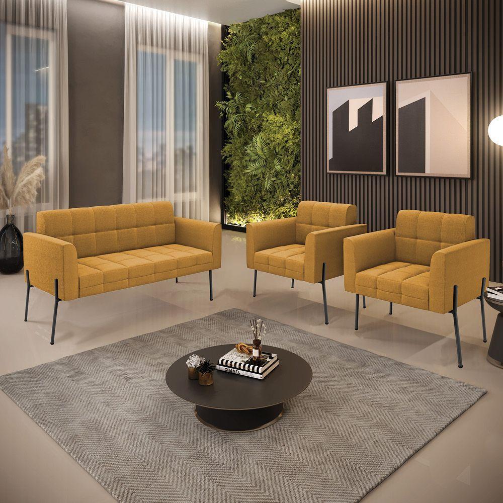 Namoradeira E 2 Poltronas Pé De Ferro Pto Elisa Bouclê Mostarda D03 - D'rossi - 8