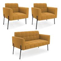 Namoradeira E 2 Poltronas Pé De Ferro Pto Elisa Bouclê Mostarda D03 - D'rossi - 1