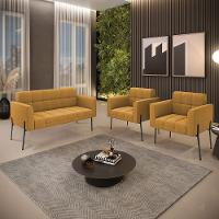 Namoradeira E 2 Poltronas Pé De Ferro Pto Elisa Bouclê Mostarda D03 - D'rossi - 8