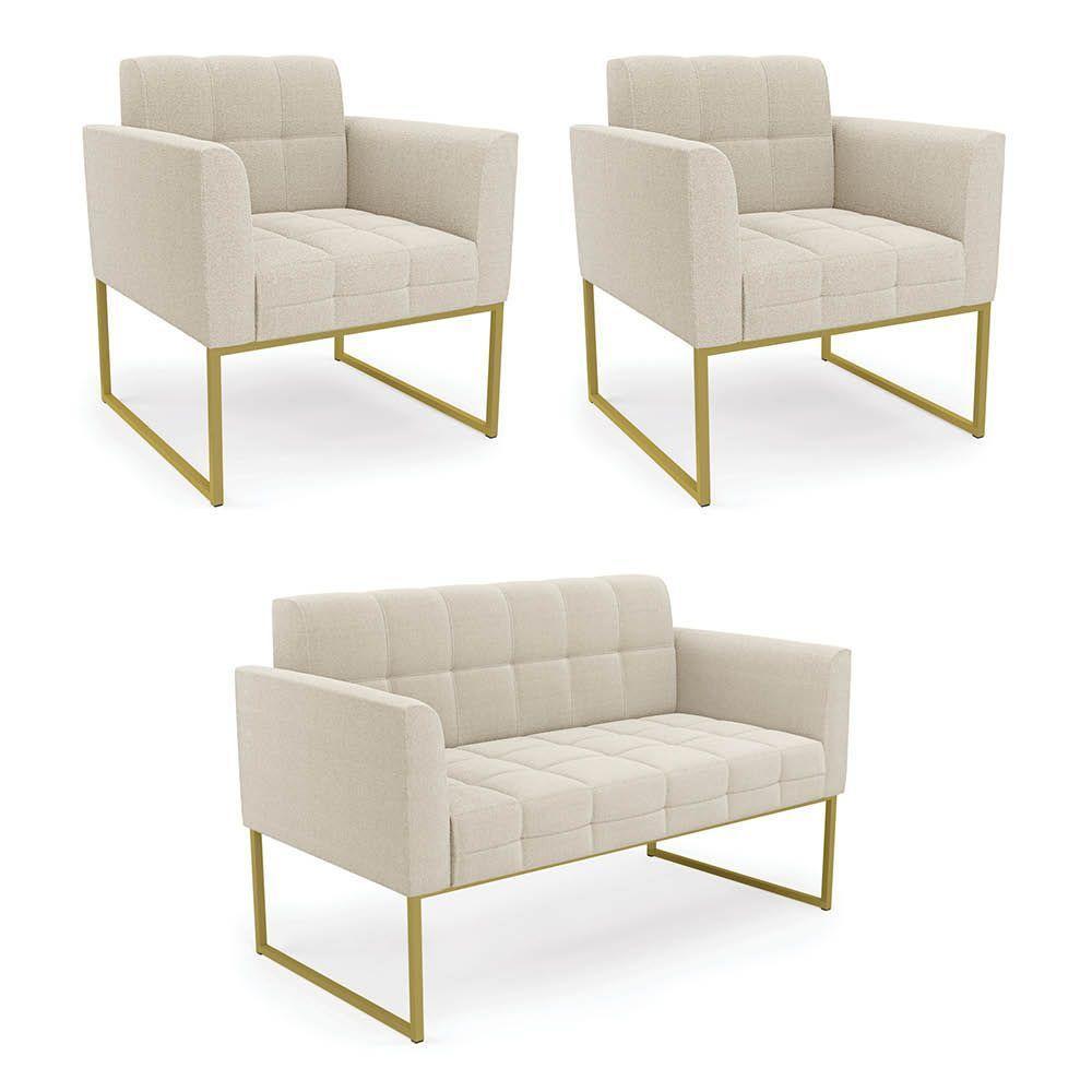 Namoradeira E 2 Poltronas Industrial Dourado Elisa Bouclê D03 - D'rossi Cor Off White - 1