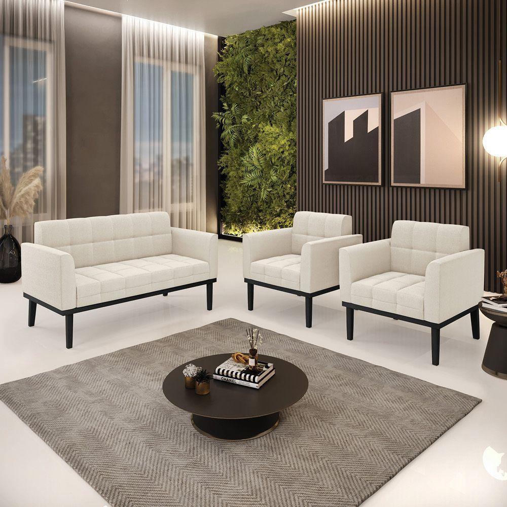 Namoradeira 2 Poltronas Base Madeira Fixa Pto Elisa Bouclê D03 - D'rossi Cor Bege - 1