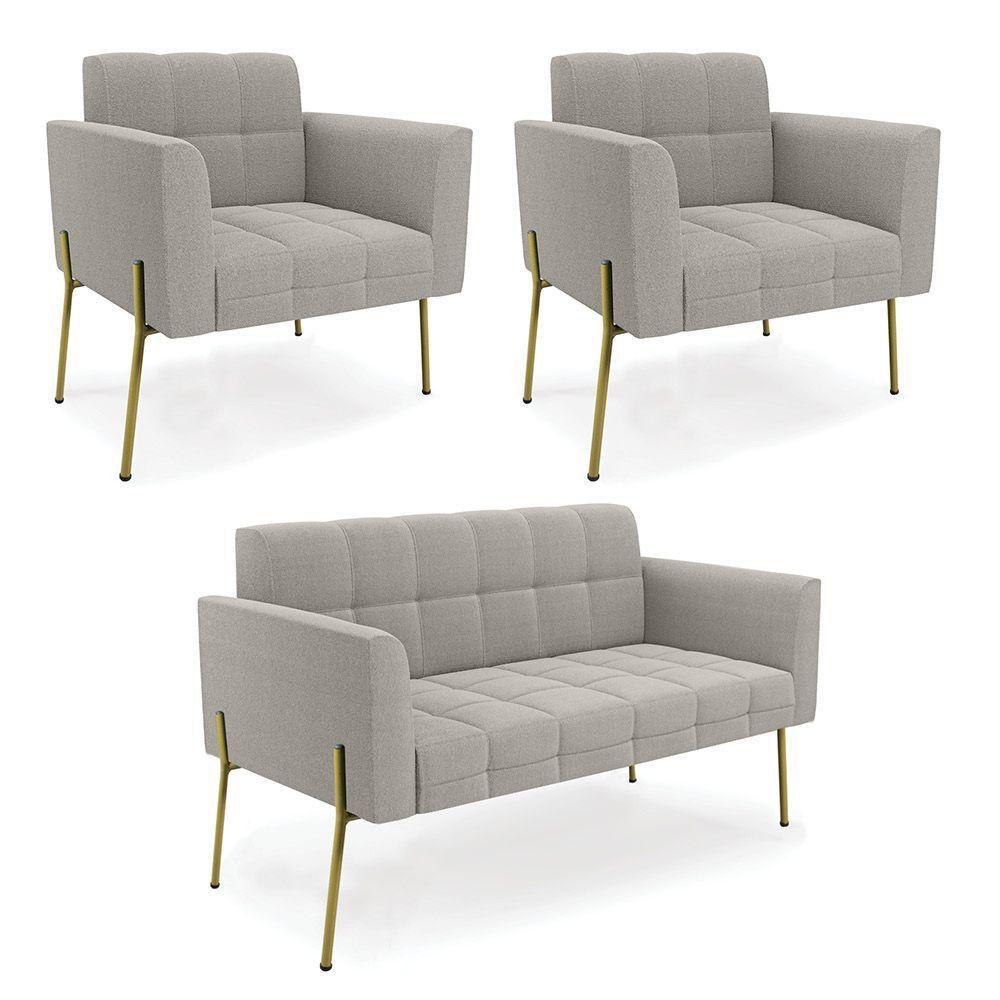 Namoradeira E 2 Poltronas Pé De Ferro Dourado Elisa Bouclê Cinza D03 - D'rossi - 1