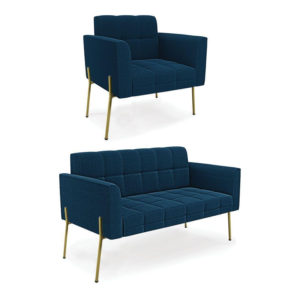 Namoradeira E Poltrona Pé De Ferro Dourado Elisa Bouclê Azul D03 - D'rossi - 1