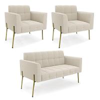 Namoradeira E 2 Poltronas Pé De Ferro Dourado Elisa Bouclê Bege D03 - D'rossi - 1