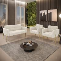 Namoradeira E 2 Poltronas Pé De Ferro Dourado Elisa Bouclê Bege D03 - D'rossi - 9