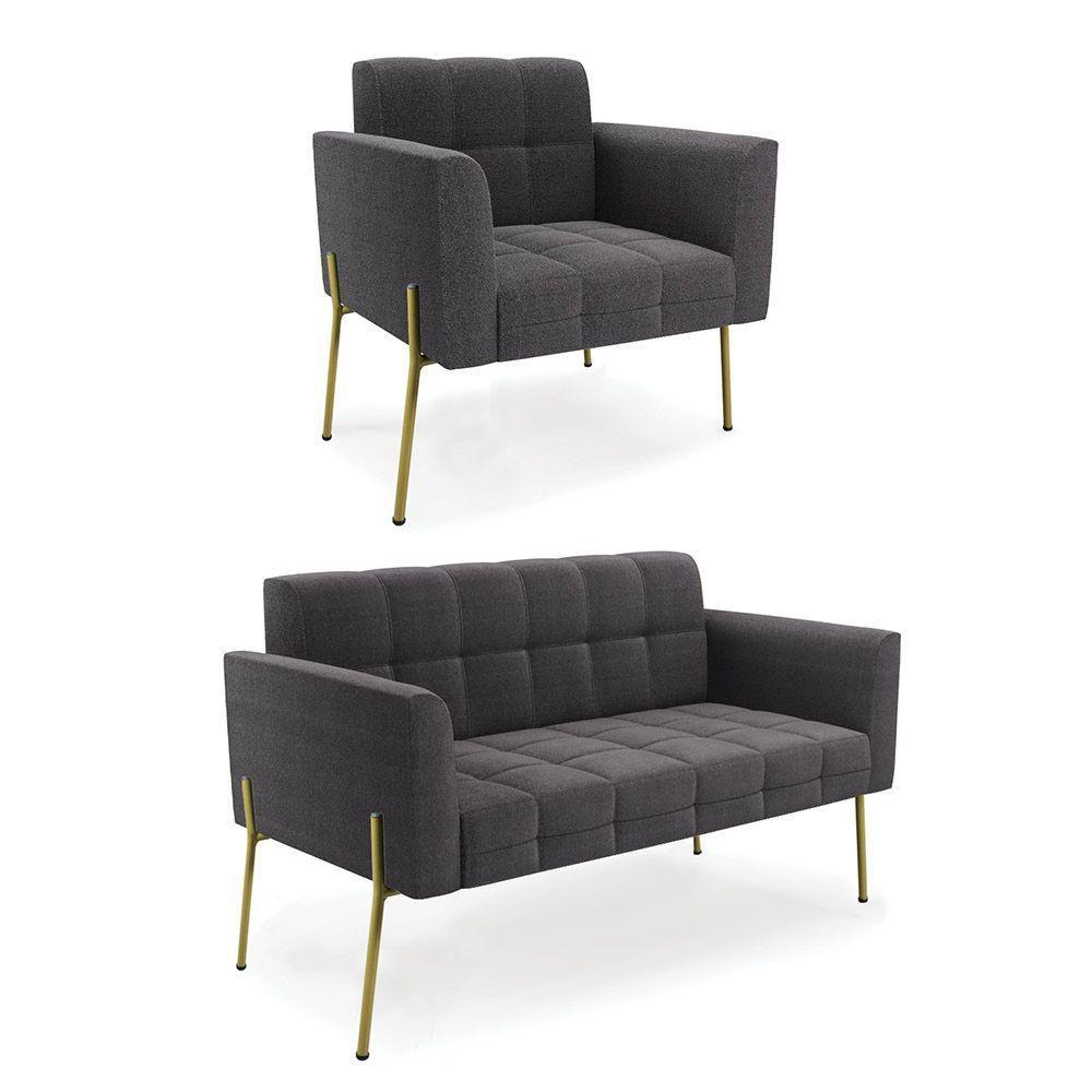 Namoradeira E Poltrona Pé De Ferro Dourado Elisa Bouclê Grafite D03 - D'rossi - 1