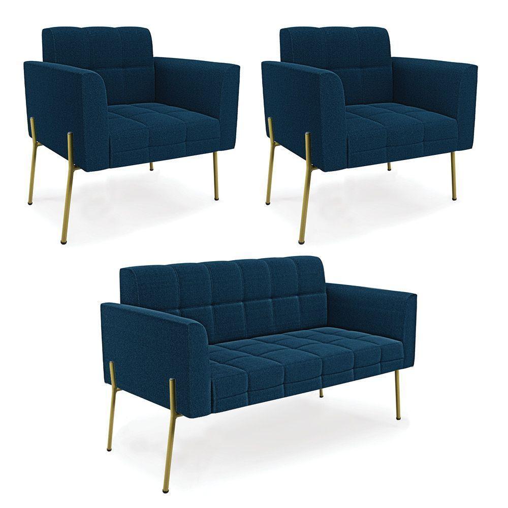 Namoradeira E 2 Poltronas Pé De Ferro Dourado Elisa Bouclê Azul D03 - D'rossi - 1