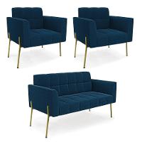 Namoradeira E 2 Poltronas Pé De Ferro Dourado Elisa Bouclê Azul D03 - D'rossi - 1