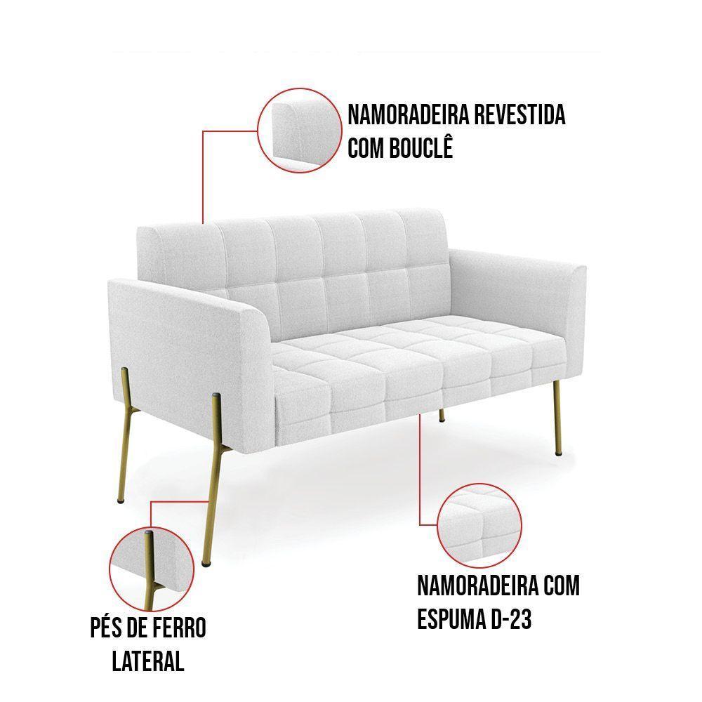 Namoradeira E 2 Poltronas Pé De Ferro Dourado Elisa Bouclê Off Wte D03 - D'rossi - 8