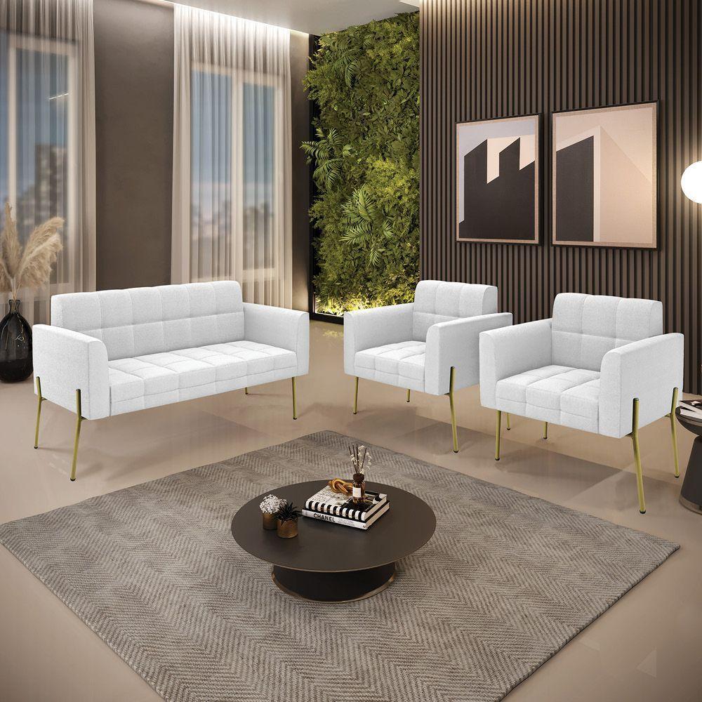 Namoradeira E 2 Poltronas Pé De Ferro Dourado Elisa Bouclê Off Wte D03 - D'rossi - 9