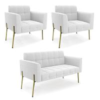 Namoradeira E 2 Poltronas Pé De Ferro Dourado Elisa Bouclê Off Wte D03 - D'rossi - 1