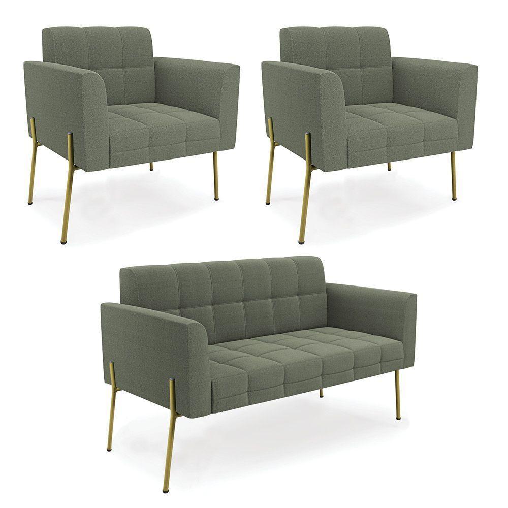 Namoradeira E 2 Poltronas Pé De Ferro Dourado Elisa Bouclê Menta D03 - D'rossi - 1