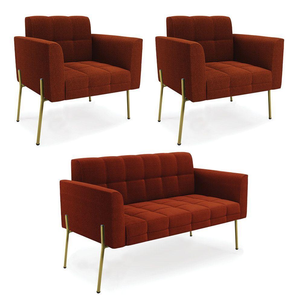 Namoradeira E 2 Poltronas Pé De Ferro Dourado Elisa Bouclê Terra D03 - D'rossi - 1