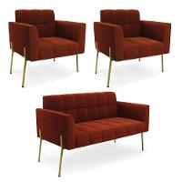 Namoradeira E 2 Poltronas Pé De Ferro Dourado Elisa Bouclê Terra D03 - D'rossi - 1