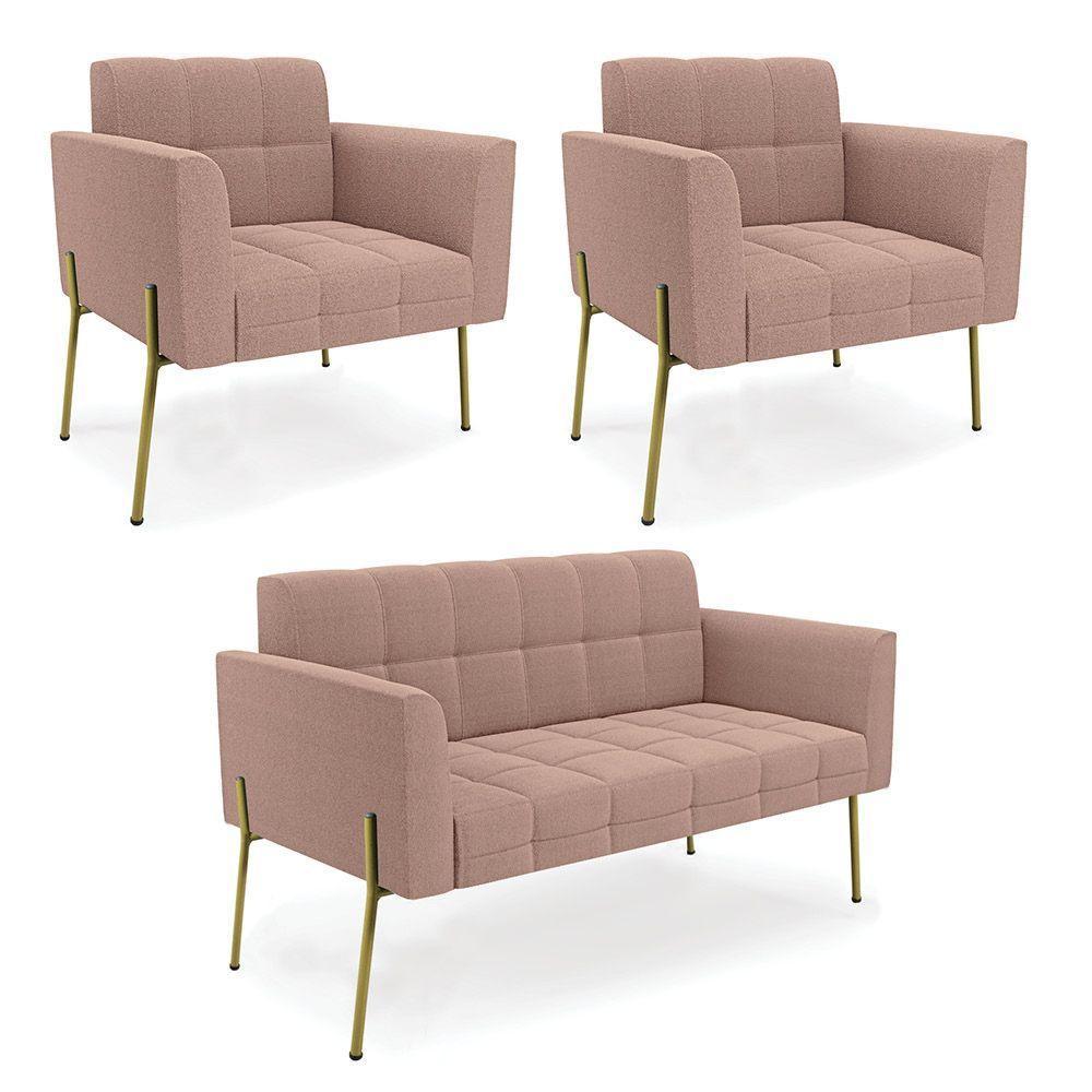 Namoradeira E 2 Poltronas Pé De Ferro Dourado Elisa Bouclê Rosê D03 - D'rossi - 1