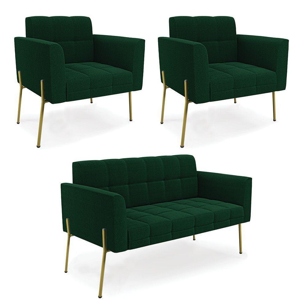 Namoradeira E 2 Poltronas Pé De Ferro Dourado Elisa Bouclê Verde D03 - D'rossi - 1
