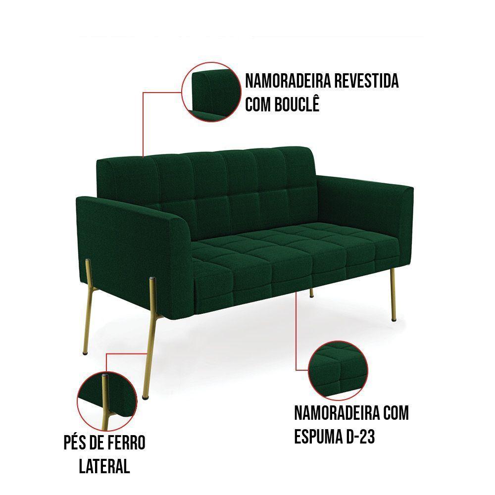 Namoradeira E 2 Poltronas Pé De Ferro Dourado Elisa Bouclê Verde D03 - D'rossi - 8