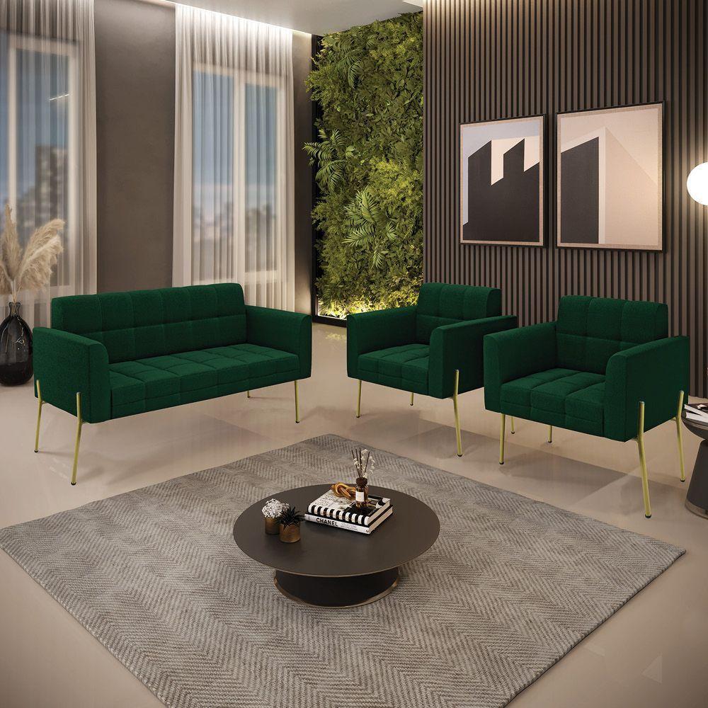 Namoradeira E 2 Poltronas Pé De Ferro Dourado Elisa Bouclê Verde D03 - D'rossi - 9