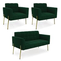 Namoradeira E 2 Poltronas Pé De Ferro Dourado Elisa Bouclê Verde D03 - D'rossi - 1