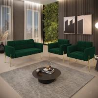 Namoradeira E 2 Poltronas Pé De Ferro Dourado Elisa Bouclê Verde D03 - D'rossi - 9