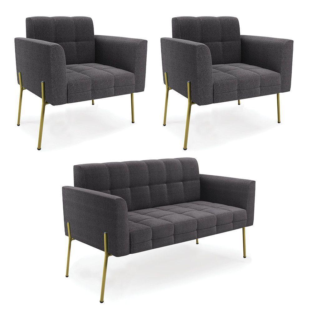 Namoradeira E 2 Poltronas Pé De Ferro Dourado Elisa Bouclê Grafite D03 - D'rossi - 1