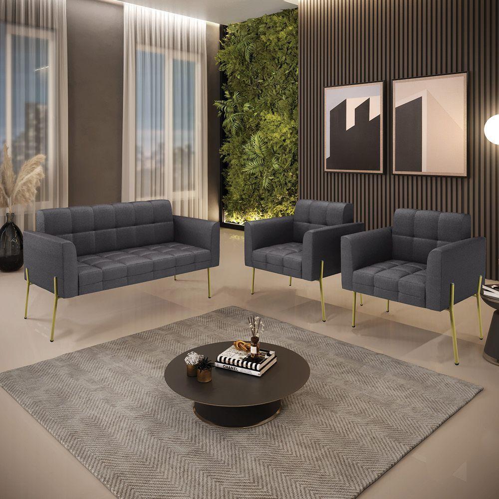 Namoradeira E 2 Poltronas Pé De Ferro Dourado Elisa Bouclê Grafite D03 - D'rossi - 9