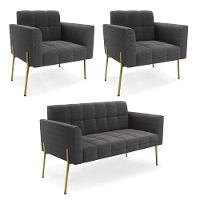 Namoradeira E 2 Poltronas Pé De Ferro Dourado Elisa Bouclê Grafite D03 - D'rossi - 1