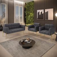 Namoradeira E 2 Poltronas Pé De Ferro Dourado Elisa Bouclê Grafite D03 - D'rossi - 9