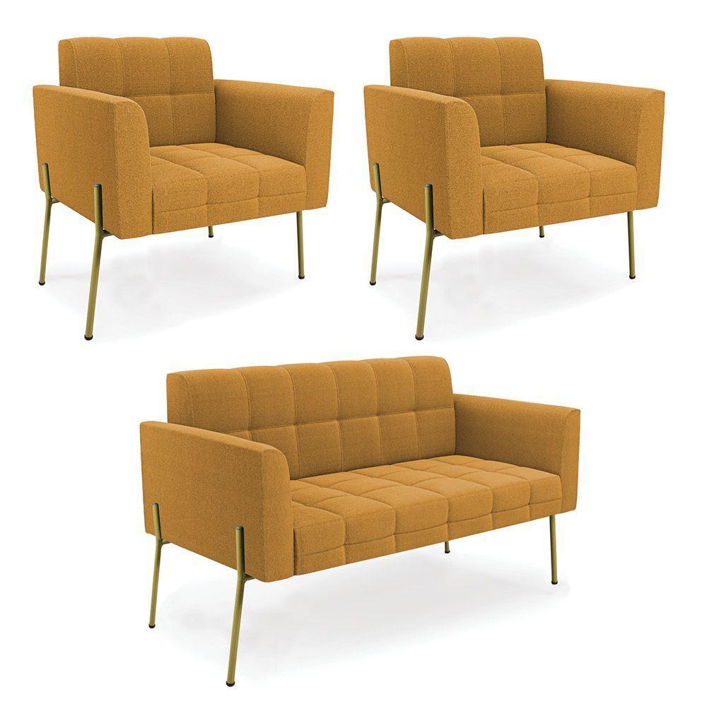 Namoradeira E 2 Poltronas Pé De Ferro Dourado Elisa Bouclê Mostard D03 - D'rossi - 1