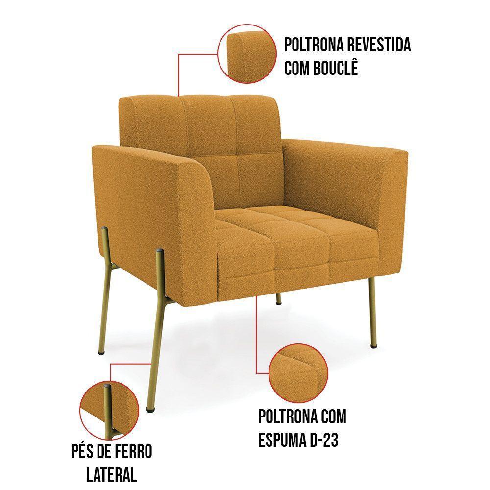 Namoradeira E 2 Poltronas Pé De Ferro Dourado Elisa Bouclê Mostard D03 - D'rossi - 7