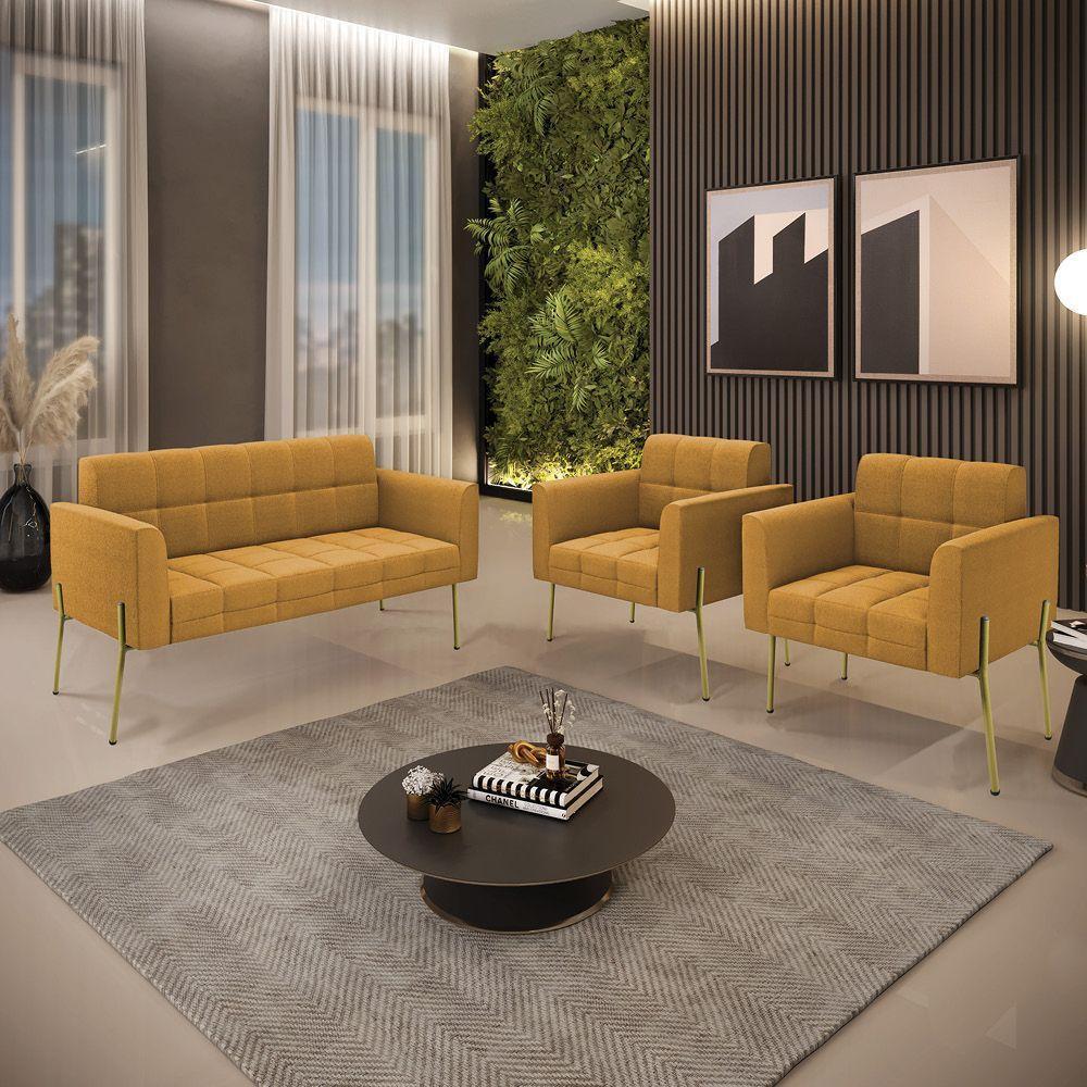 Namoradeira E 2 Poltronas Pé De Ferro Dourado Elisa Bouclê Mostard D03 - D'rossi - 9