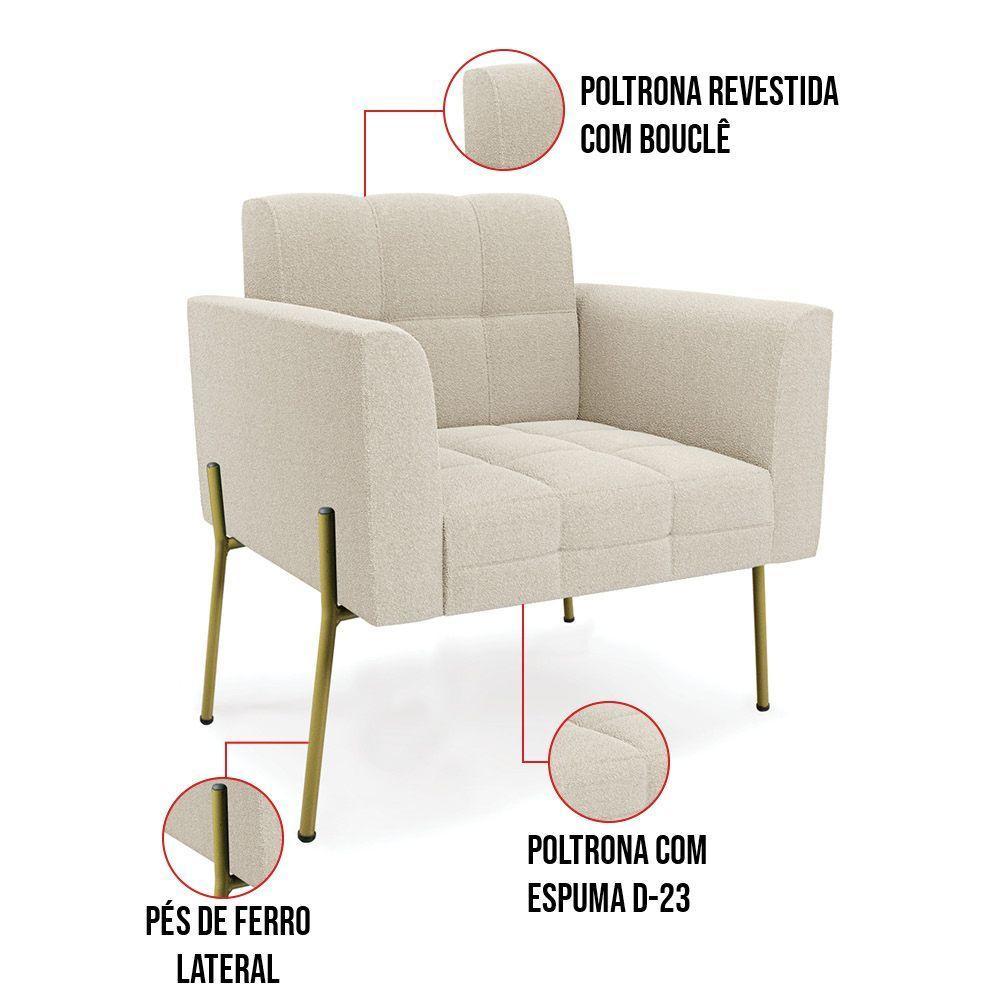 Poltrona Sala De Estar Pé De Ferro Dourado Elisa Bouclê Bege D03 - D'rossi - 5
