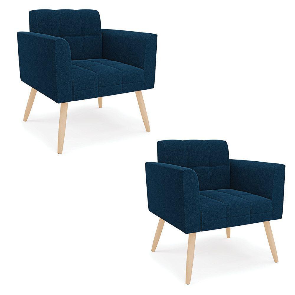 Poltrona Sala Estar Pé Palito Natural Kit 2 Elisa Bouclê D03 - D'rossi Cor Azul - 1