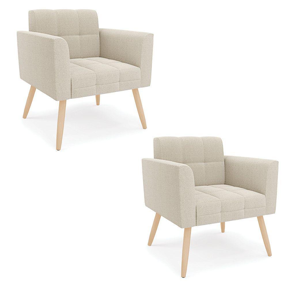 Poltrona Sala Estar Pé Palito Natural Kit 2 Elisa Bouclê D03 - D'rossi Cor Bege - 1