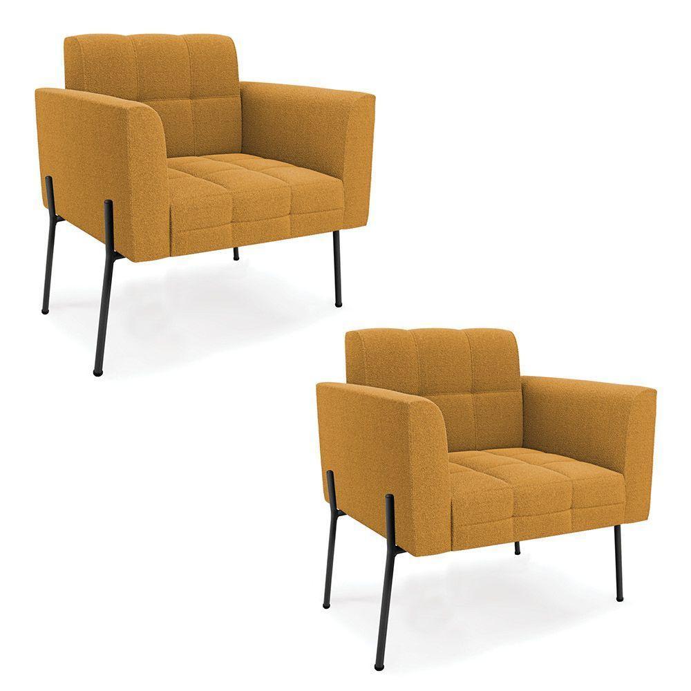 Poltrona Sala De Estar Pé De Ferro Pto Kit 2 Elisa Bouclê Mostarda D03 - D'rossi - 1